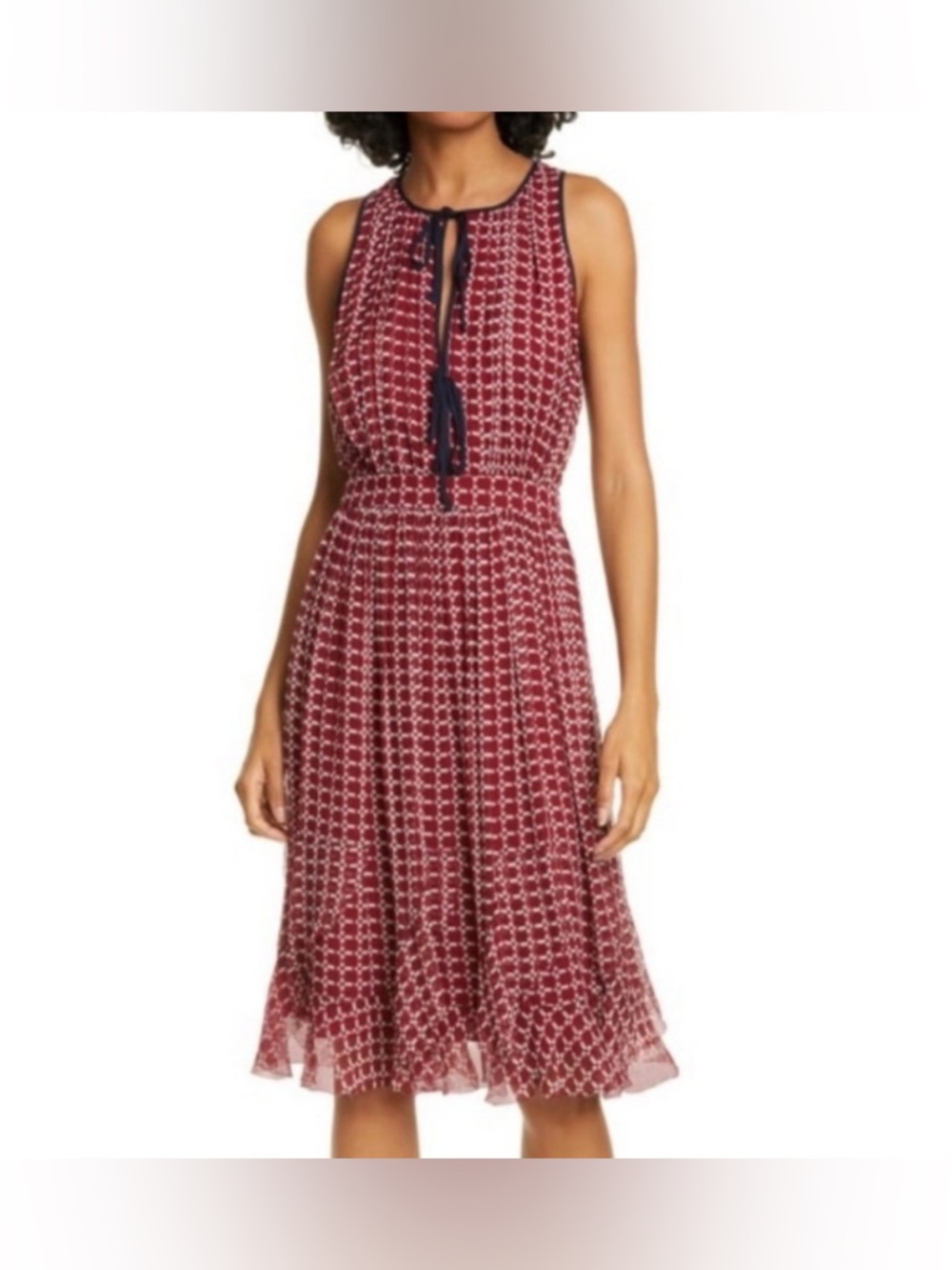 Joie Red Geo-Print Tie-Neck Silk Midi Dress